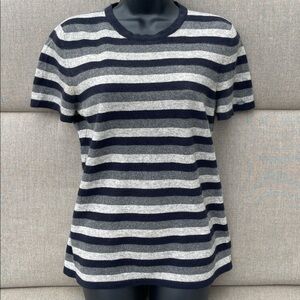 CHANEL 100% Cashmere Crewneck Short Sleeve Striped Knit Top